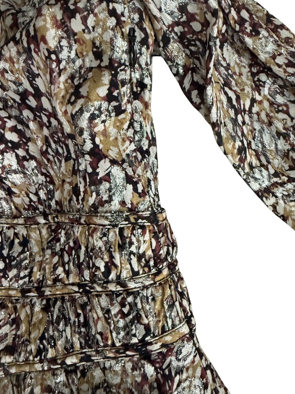Maje Brown and Cream Floral Smocked-Waist Long-Sleeve Mini Dress - Picture 5 of 8